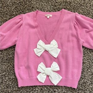 Lafayette 148 Pink Bow-Accent V-Neck Sweater Top